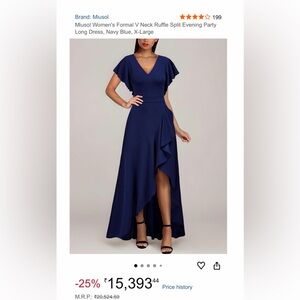 Miusol Navy Blue V-Neck Ruffle High-Low Evening Dress